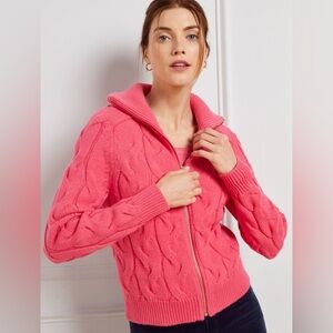 TALBOTS PETITE BERRY PINK CABLE KNIT ZIP FRONT CARDIGAN